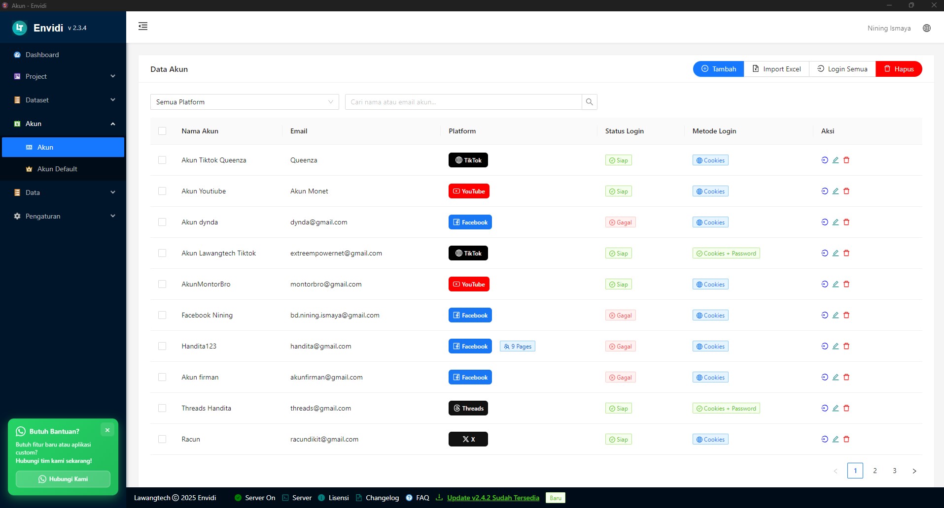 Screenshot Asli Kelola Multi-Akun Envidi - TikTok, YouTube, Facebook, Threads, dan X